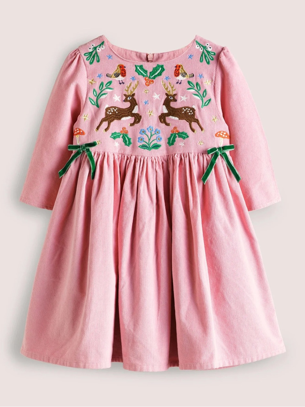 Mini Boden Girls size 2-3 Pink Embroidered Corduroy Woodland Holiday Dress